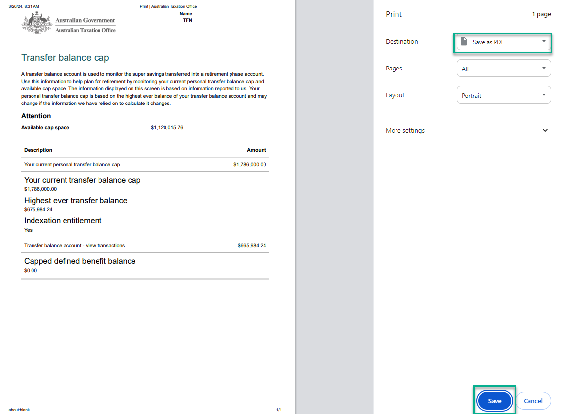Transfer Balance Command ATO - Obtaining Transfer Balance Cap information